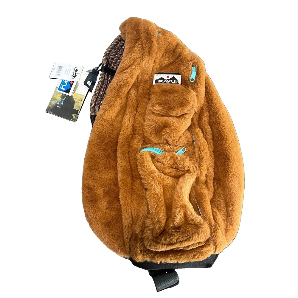 Kavu Rope Caramel Fleece‎ Sling Bag Crossbody Purse Brown Fuzz